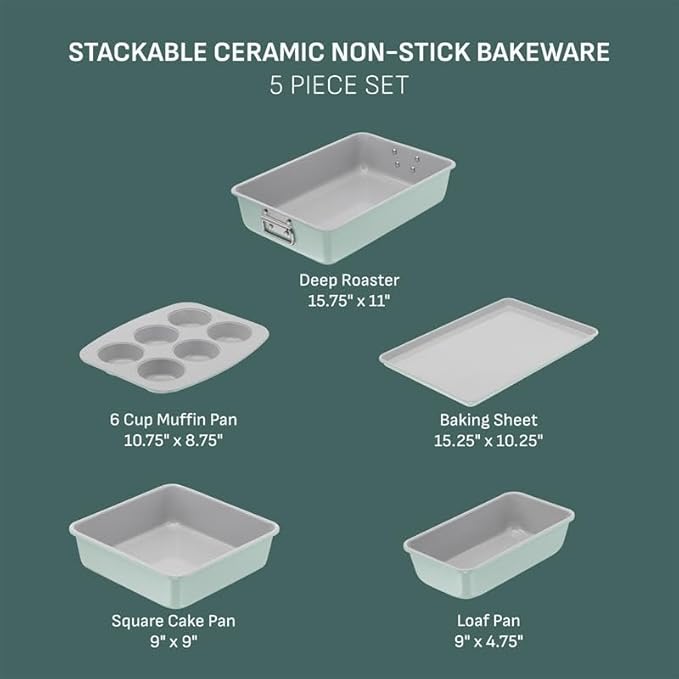 T-fal Refresh Ceramic Nonstick Mint Green 12 Piece Cookware Set + 5 Piece Bakeware Set.