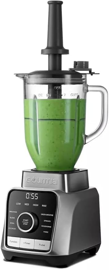 Gourmiia Digital Blender 38oz Glass Jar – 8 Auto Blend Programs 4 Speeds Pulse &amp Tamper – Ice Crusher Smoothie Maker BPA-Free Easy-Clean High-Speed Countertop Blender – Gray