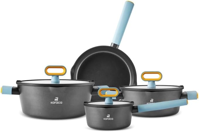KARACA Fancy Ceramic Cookware Sets Black Kitchen Pots &amp Pans Set Non Stick with Lid Swiss Crystal Surface Induction Cooking Utensils 7-Piece Dishwasher Safe