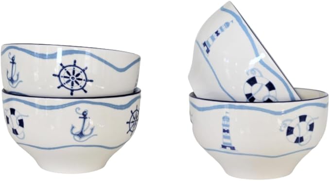 Euro Ceramica Ahoy Collection Nautical 12 Piece Dessert Set | Service for 4 | Assorted Designs Blue &amp WhiteStandardAHO-86001