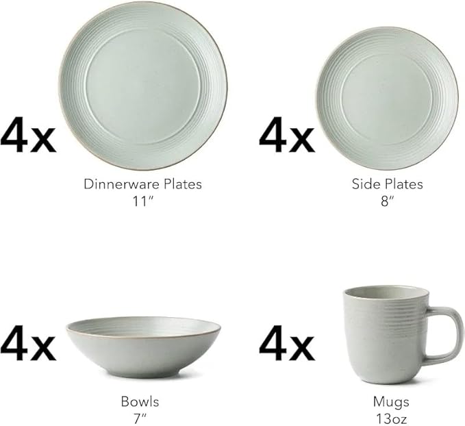 Round Stoneware Dinnerware Set of 4 Dinner Plates Side Cereal Bowls Mugs Matte and Sets