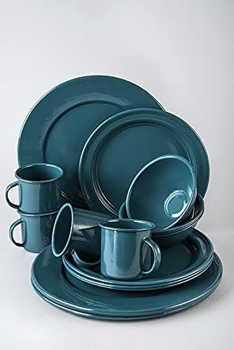 Cinsa 16 Piece. Enameled Dinnerware Camping/Outdoor Set for 4. Includes Plates Bowls Mugs Coffee Boiler