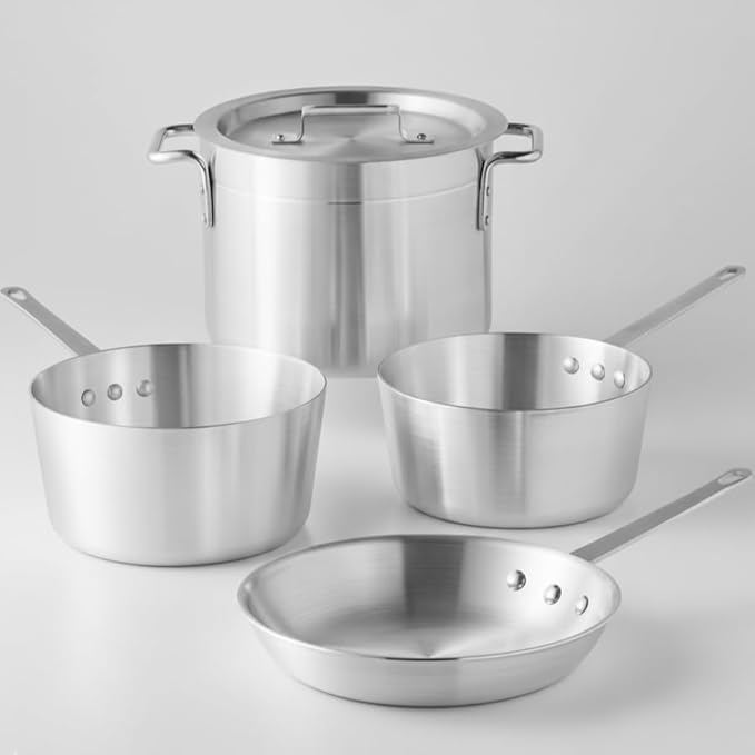 5-Piece Aluminum Cookware Set – Includes 2.75 Qt &amp 3.75 Qt Sauce Pans 8 Qt Stock Pot with Cover and 10 Fry Pan – Heavy-Duty Riveted Handles Superior Heat Distribution (5-Piece Set)