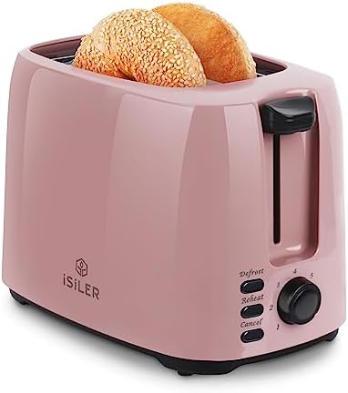iSiLER 2 Slice Toaster 1.3 Inches Wide Slot Bagel Toaster with 7 Shade Settings and Double Side Baking Removable Crumb Tray Defrost Cancel Function Pink
