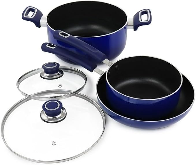 7-8-Piece Nonstick Aluminum Cookware Set – Dutch Oven Frying Pan Saucepan with Glass Lids &amp Utensils – Low-Fat Cooking Pots and Pans for Gas Electric and Halogen Stovetops (Blue 7 Pieces)