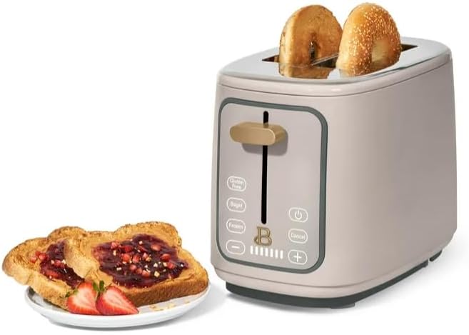Beauti 2 Slices Toaster with Touch Activated Display 900 W Bagel/Frozen/Reheat Presets Wide Slots Easy Cleaning (Porcini Taupe)