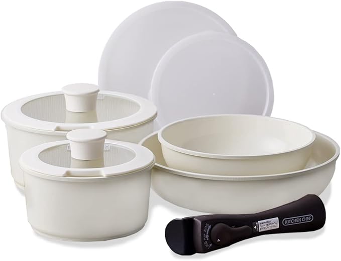 Iris Ohyama 9-Piece Ceramic Color Pan Set Removable Handle Comfortable to Use Deep Ivory