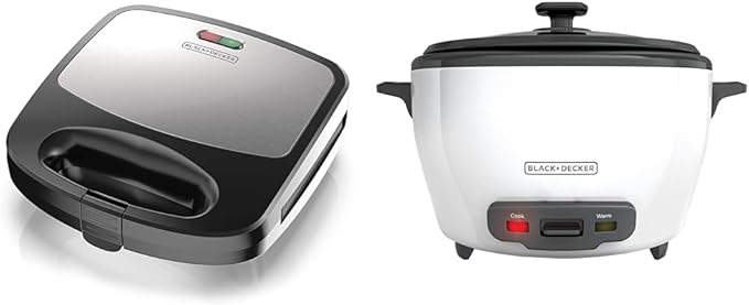 BLACK+DECKER 3-in-1 Waffle Iron WM2000SD Grill &amp Sandwich Press Bundle with 6-Cup Rice Cooker