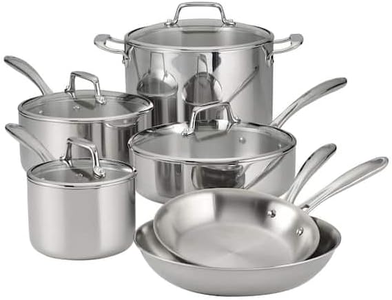 For 10 Piece Tri-Ply Clad Stainless Steel Cookware Set with Glass Lids