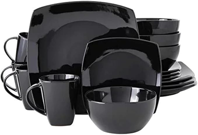 16 Piece Square Two-Tone Stoneware Dinnerware Set For 4 | Reactive Glaze FinishDishwasher &amp Microwave Safe Expertly Crafted | Perfect for Kitchen Dining Durable Dark Black Shade Modern Appearanc