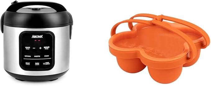 AROMA® 8-Cup Digital Rice Cooker and Egg Bite Mold Bundle - One-Pot Cooking for Rice Grains and Egg Bites | Includes Rice Cooker (ARC-5204SB) and Silicone Mold (AAC-001)