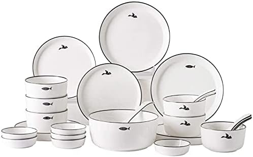 Dinnerware Sets - Luxury Dishes Service Set Ceramics Dinner Sets 26 Pieces Black Han Stroke Porcelain Dinner Plates - Bowl/Dish/Spoon | Microwave Safe