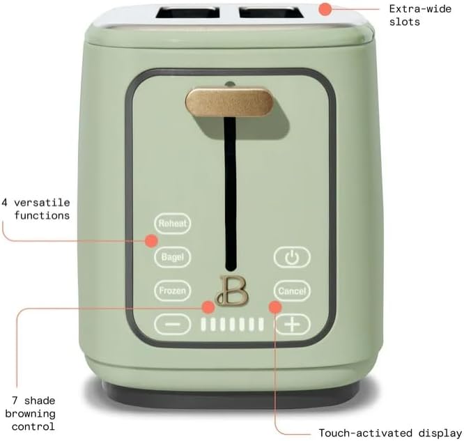 Beauti 2 Slices Toaster with Touch Activated Display 900 W Bagel/Frozen/Reheat Presets Wide Slots Easy Cleaning (Sage Green)