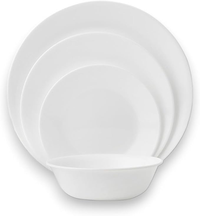 Corelle Vitrelle 8-Piece Service for 2 Dinnerware Set Triple Layer Glass and Chip Resistant Lightweight Round Plates and Bowls Set Winter Frost White