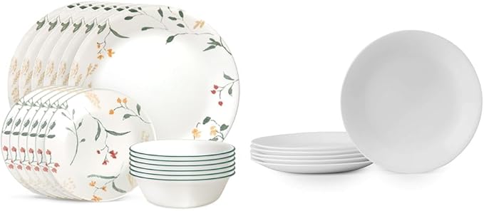 Corelle Vitrelle 18 Piece Wildflower Glass Dinnerware Sets Service for 6 &amp 6-Piece Winter Frost White Salad Plates