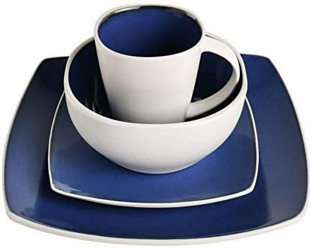 Modern Matte Glaze Square Dinnerware Set - 16 Piece Stoneware Service for 4 Dishwasher &amp Microwave Safe Teal Finish (Cobalt Blue)