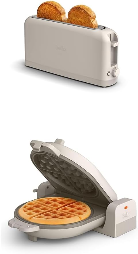 BELLA 2 slice Slim toaster + Flip-n-Store Ceramic Waffle Maker Fits-anywhere™ Kitchenware Waffle Iron w with EverGood™ Ceramic Nonstick Coating &amp Smart Toaster w 6 Shades Control Oatmilk