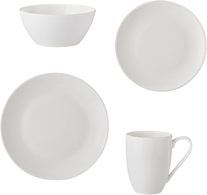 Silvanest16 Piece Bone China Dinnerware Set Embossed Plates Bowls Chip-Resistant Lightweight Elegant and Durable Service for 4 White