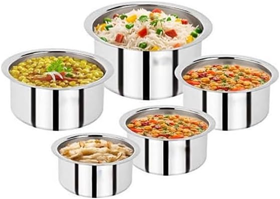 Stainless Steel Tope Set With Lid Stainless Steel Patila with Lid Set of 5 Steel Bhagona Set Patila/Tapeli/Milk Pot Cookware Set With Lid (Capacity : 1L 1.5L 2L 2.5L 3L)