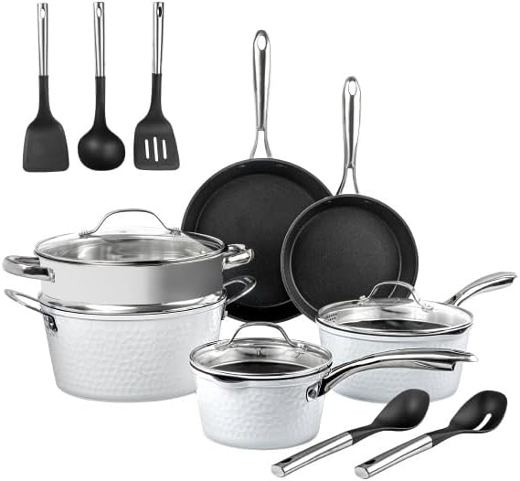 Granitestone 15 Piece Pots and Pans Set Nonstick Cookware Set Pot and Pan Set Kitchen Cookware Sets Induction Cookware Set Frying Pan Set Pot Set Induction Cookware Dishwasher Safe Cream White