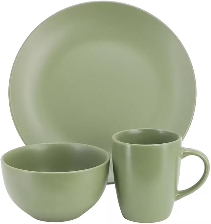 12 Piece Stoneware Dinnerware Set – Round Plates Bowls &amp Mugs for 4 Dishwasher &amp Microwave Safe Modern Matte Finish (Green)