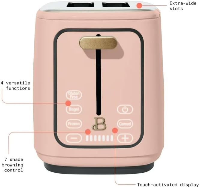 Beauti 2 Slices Toaster with Touch Activated Display 900 W Bagel/Frozen/Reheat Presets Wide Slots Easy Cleaning (Rose)