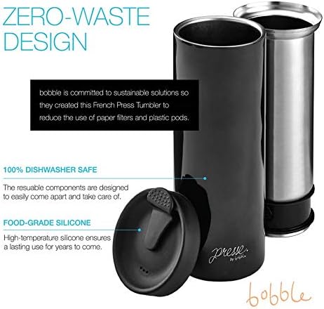 bobble French Coffee Presse On-The-Go use Quick Brew Slim Design Triple Wall Insulation 14 oz (Stainless Steel)