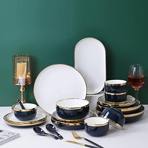 Ceramics Dinnerware Sets with Golden Rim Blue Porcelain Bowls and Plates Sets Round 26 Pieces Stoneware Dishes Set for 6 Ceramic Dinner Sets for Parties Wedding Housew