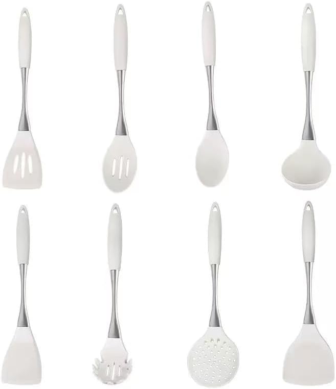 8-Piece White Kitchen Utensil Set with Gold Handles Stainless Steel Cooking Tools Includes Spatulas Ladle Spoons for Nonstick Cookware (silvery and Beige)