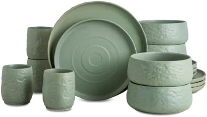 Artistic Design 16 Piece Round Elegant Stoneware Dinnerware Set For 4 | Expertly Crafted Organic Shape With Texture &amp Reactive Glaze Finish| Light Green Color Microwave Dishwasher Safe Luxurious L