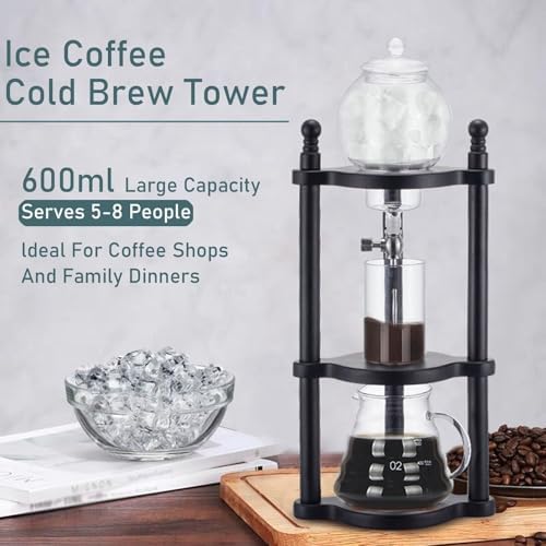 Cold Brew Drip Tower Iced Drip Coffee Maker Cold Brew Dripper Pot Cold-Drip Coffee Tower Ice Coffee Machine Wooden Glass 600ml(B)
