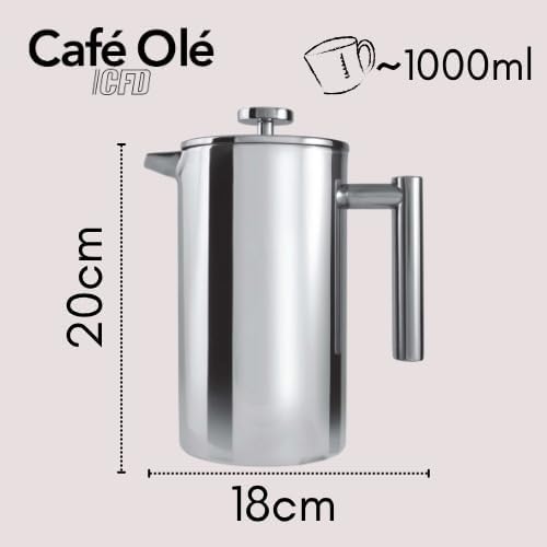 Grunwerg Caf茅 Ole 8 Cup Double Walled Straight Sided Cafetiere Coffee Maker Mirror 1000 ml/1 Litre