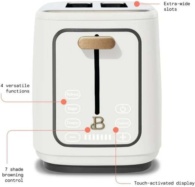Beauti 2 Slices Toaster with Touch Activated Display 900 W Bagel/Frozen/Reheat Presets Wide Slots Easy Cleaning (White Icing)