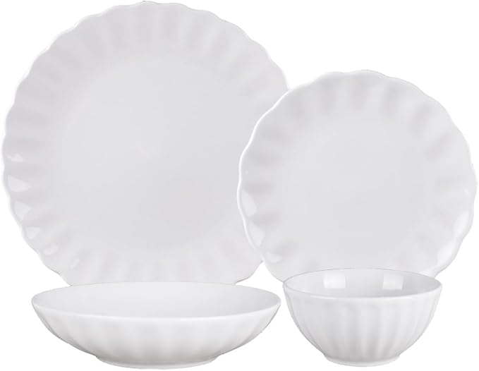 Godinger Dinnerware Set - 16-Piece Set 4 Each of 10.5-Inch Dinner Plates 7.5-Inch Salad Plates 5.5-Inch Bowls and 8-Inch Bowls - White Porcelain