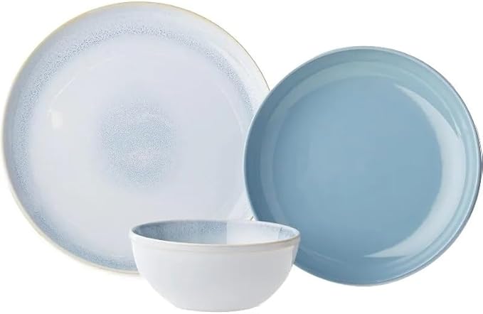 Stoneware 12-Pc Dinnerware Set Handcrafted Artisanal Bead Plates and Bowls Solid and Reactive Glazes