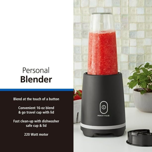 Black Single-Serve Blender With 1 Travel Lid 16 Oz New Features An Efficient 220-Watt Motor Dishwasher Safe