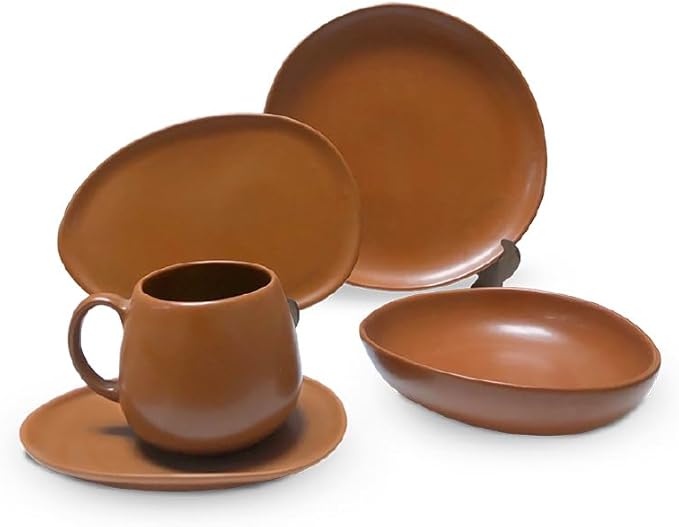 Artesa Organica La Paz Cuero Ceramic Dinnerware Set 5-Piece Terracotta Brown Handmade &amp Hand-Painted 5-Piece with Plates Bowl and Mug Microwave Safe Round
