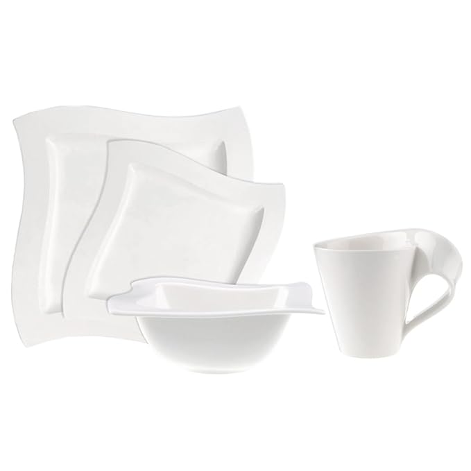 Villeroy &amp Boch New Wave 4-Piece Place Setting Dinner Salad Plate Bowl and Mug – Premium Porcelain Dinnerware White