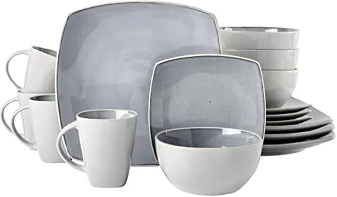 16 Piece Square Two-Tone Stoneware Dinnerware Set For 4 | Reactive Glaze FinishDishwasher &amp Microwave Safe Expertly Crafted | Perfect for Kitchen Dining Durable Light Grey Shade Modern Appearanc
