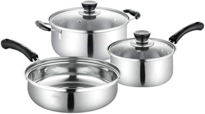 3-Piece Stainless Steel Cookware Set with Lids – Nonstick Soup Pot Milk Pan &amp Frying Pan for Induction Gas and Electric Stoves