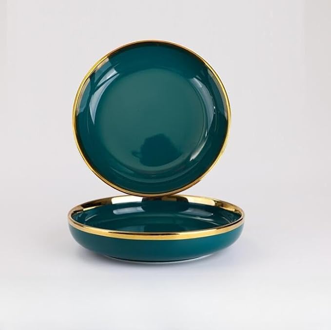 Ceramic Tableware Gilt Rim Green Ceramic Plate Steak Food Plate Tableware Bowl Ins Dinner Dish Porcelain Dinnerware Set for Family Hotel7.5 Inch Plate 1pcs