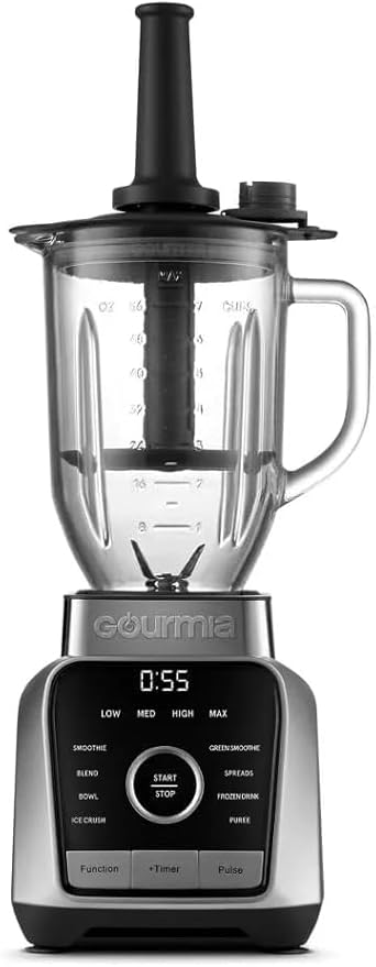 Gourmiia Digital Blender 38oz Glass Jar – 8 Auto Blend Programs 4 Speeds Pulse &amp Tamper – Ice Crusher Smoothie Maker BPA-Free Easy-Clean High-Speed Countertop Blender – Gray