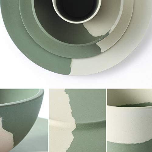 MORGIANA 8 pcs Bamboo Dinnerware Set Reusable Plates Bowls Sets Camping Picnic Dishes Tableware Set for 2 (Green &amp White)