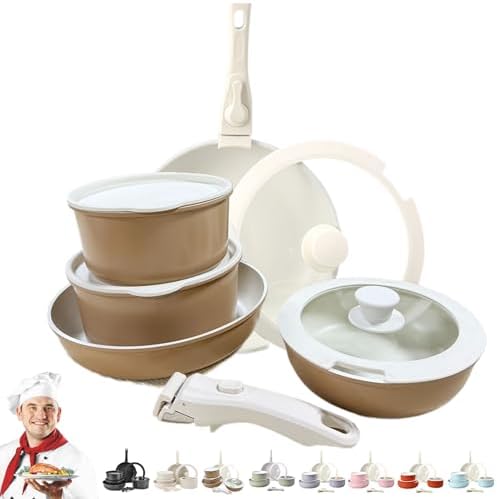 Cookware Set Cookware Set Removable Handle 5/9/11/15/17 Piece Stackables Oven Safe Super Easily Clean for Kitchen (Khaki15 Pcs)