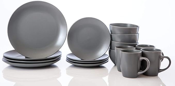 wocaxc16-Pieces Stoneware Dinnerware Set Kitchen Dinnerware Ceramic Crockery Set Dinner Service Set for 4 Include Dinner Plate Dessert Plate Cereal Bowl and Mug. (grey)