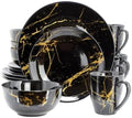 16-Piece Porcelain Dinnerware Set – Marble Dishes with Gold Veining Service for 4 – Modern Round Plates Bowls &amp Mugs – Dishwasher &amp Microwave Safe (Black)