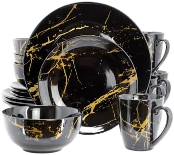 16-Piece Porcelain Dinnerware Set – Marble Dishes with Gold Veining Service for 4 – Modern Round Plates Bowls &amp Mugs – Dishwasher &amp Microwave Safe (Black)