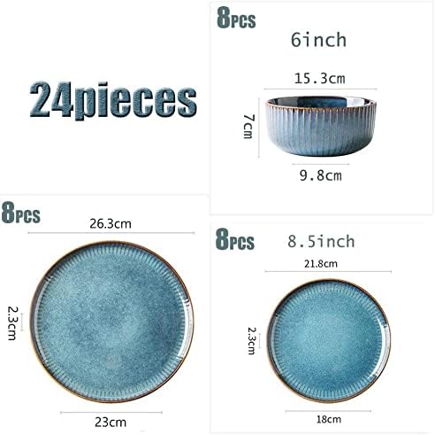 Blue Dinnerware Sets Plates and Bowls Sets Stoneware Dish Set Round Reactive Glaze Stoneware Dinnerware Set (24 Pieces)