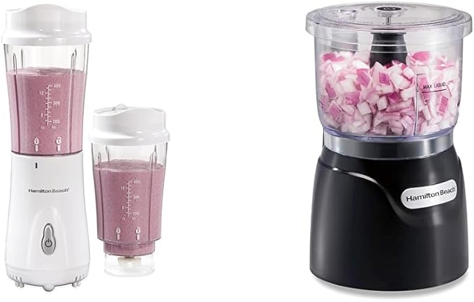 Hamilton Beach Portable Blender for Shakes and Smoothies with 14 Oz BPA Free Travel Cup and Lid &amp Electric Vegetable Chopper &amp Mini Food Processor 3-Cup 350 Watts