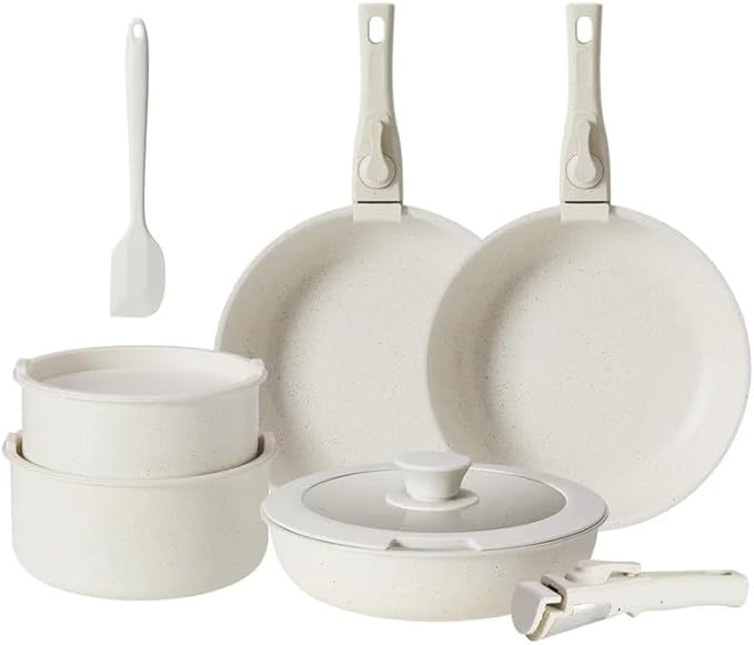 12-Piece Ceramic Non-Stick Cookware Set Includes Spatula &amp Detachable Handles Versatile Pots and Pans Set for Frying Sautéing Stewing Beige Ceramic Coated Cookware Set